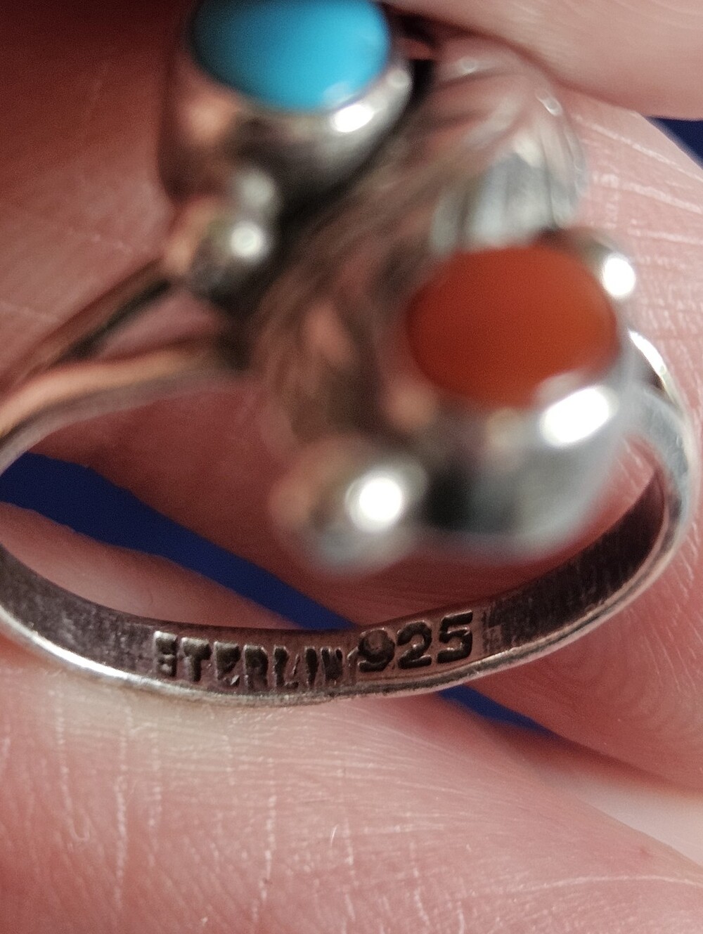 Native American Sterling Silver Turquoise & Coral Leaf Ring Size 3.5 Pinky Ring - Picture 7 of 7